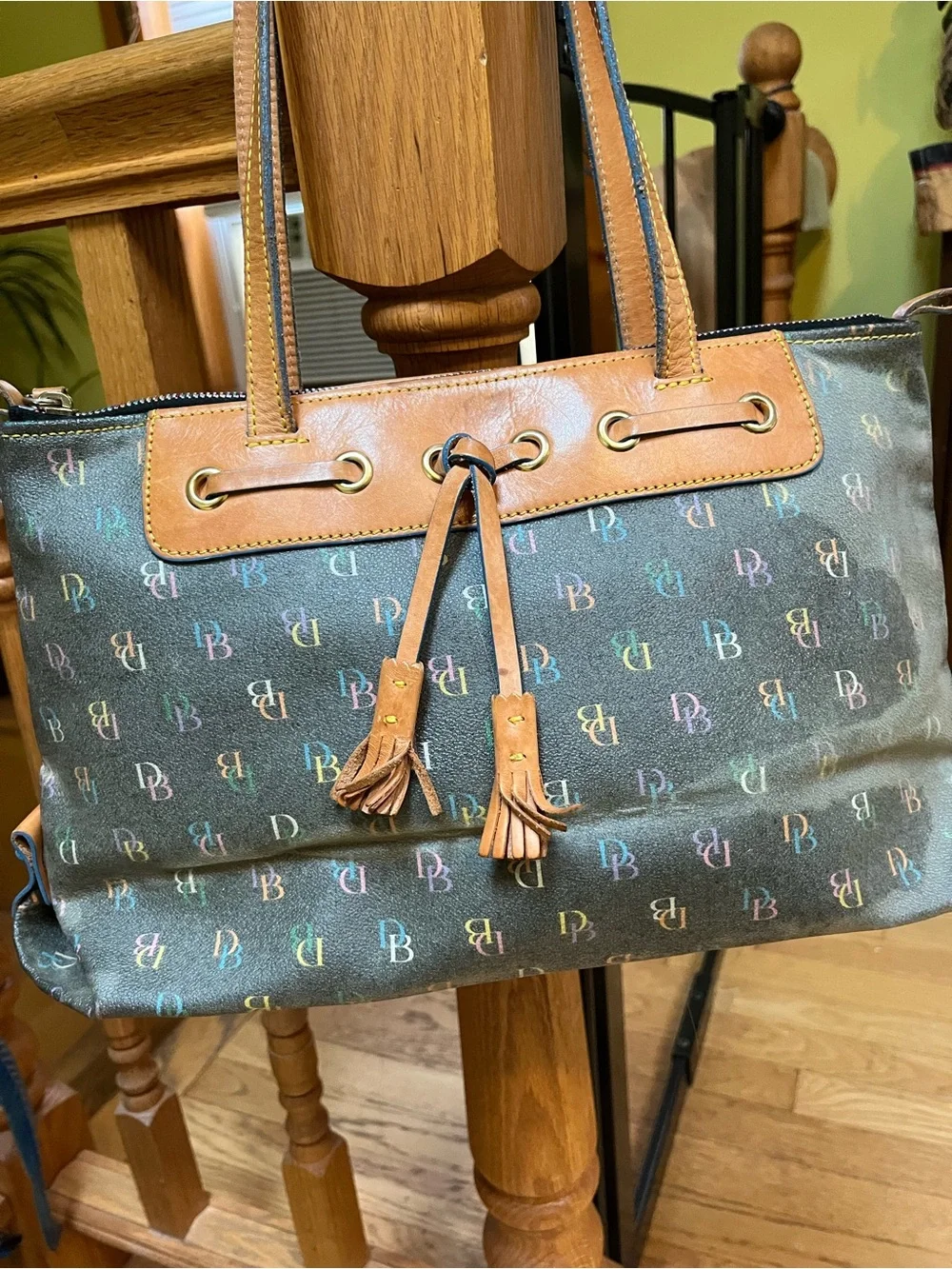 Dooney & Bourke y2k Multicolor Logo Canvas Satchel Bag with Brown Leather Trim